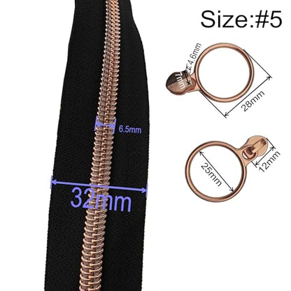 5 Rose Gold Metallic Teeth Nylon Coil Zippers by The Yard Bulk 10 Yards Black Zipper Tape with 25pcs Rose Gold Ring Pull Sliders for DIY Sewing Tailor Craft Bag (25 Count)