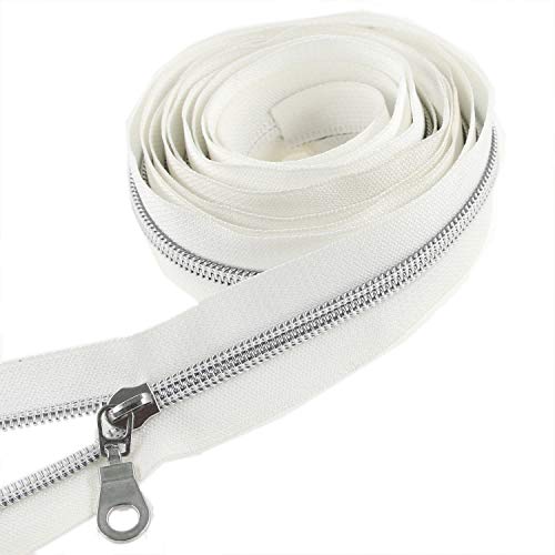 5 Silver Metallic Nylon Coil Zippers by The Yard Bulk 10 Yards White Tape with 25pcs Silver Sliders for DIY Sewing Tailor Craft Bag