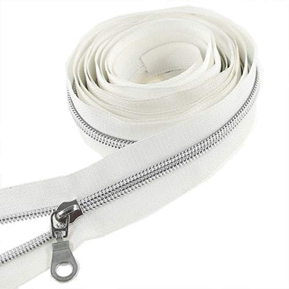 5 Silver Metallic Nylon Coil Zippers by The Yard Bulk 10 Yards White Tape with 25pcs Silver Sliders for DIY Sewing Tailor Craft Bag
