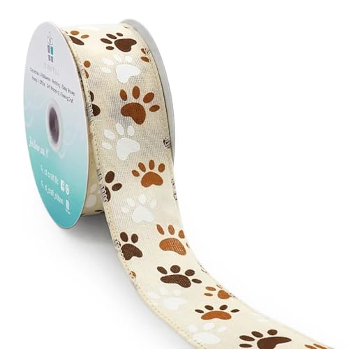 Ivory Canvas Dog Paw Wired Ribbon 1.5 Inch x 10 Yards for Christmas Home Decor Tree Topper Bow Gift Wrapping DIY Crafts Wreath Garland (30 Foot)