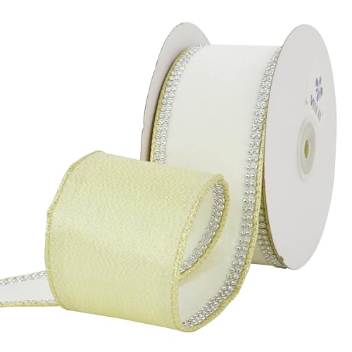 Gold & White Velvet with Rhinstone Edge Wired Ribbon 2.5 Inch Luxury Jeweled Ribbon 5 Yards Sparkling Rhinestone Trim for Christmas Tree (15 Foot)