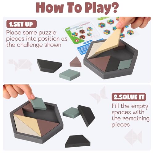 3 Pack Large Wooden Blocks Puzzles Hexagon Tangram Puzzle Wooden Russian Brain Puzzles for Adult Challenge Teasers Geometric Jigsaw Logic Iq STEM Educational Gift Graduation (3 Count)