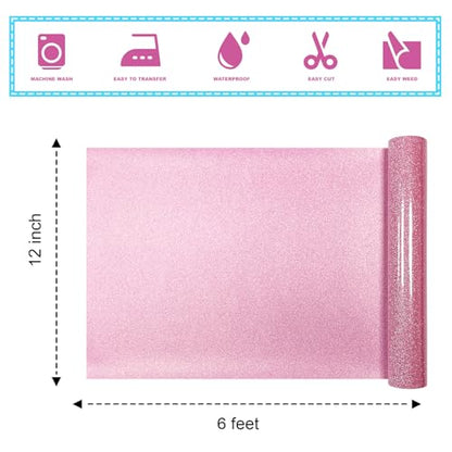 Rouge Powder Glitter HTV Heat Transfer Vinyl 12" x6FT Glitter Vinyl for T Shirts Easy to Cut and Weed Compatible with All Cutter Machines HTV Vinyl Iron on for Cricut