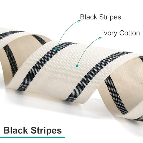 Ivory Cotton Black Stripes Ribbon 2" x 10 Yards for Home Décor Gift Present Wrapping DIY Crafts Birthday Wedding Bouquet Christmas (30 Foot)