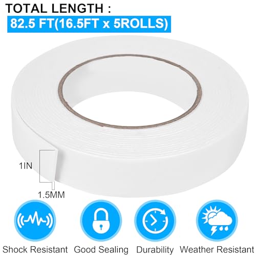 Double Sided Foam Tape 1In x 16.5FT 5 Pack (5 Count)