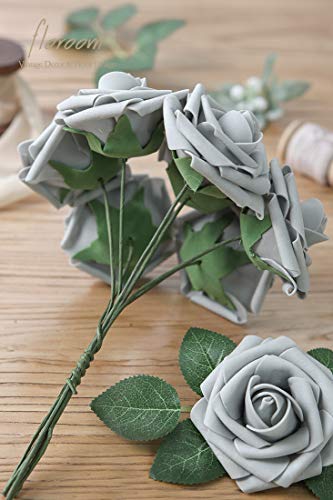 Artificial Flowers 50pcs Real Looking Silver Grey Foam Fake Roses with Stems for DIY Wedding Bouquets Bridal Shower Centerpieces Floral Arrangements Party Tables Home Decorations (50 Count)