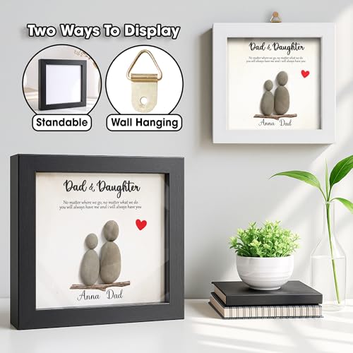 Personalized Dad Pebble Wooden Frame with Ornament Custom Father & Daughter Natural Stone with Meaningful Quote Best Dad Ever Gifts Fathers Day for Father Grandpa Family Keepsake Plaque for Family