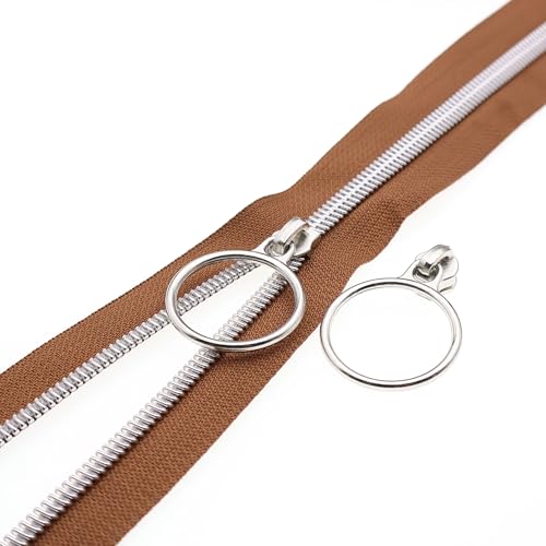 5 Silver Metallic Nylon Coil Zippers by The Yard Bulk 10 Yards Brown Zipper Tape with 25pcs Silver Ring Pull Sliders for DIY Sewing Tailor Craft Bag