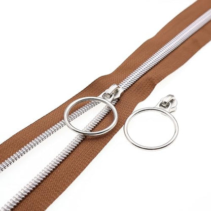 5 Silver Metallic Nylon Coil Zippers by The Yard Bulk 10 Yards Brown Zipper Tape with 25pcs Silver Ring Pull Sliders for DIY Sewing Tailor Craft Bag