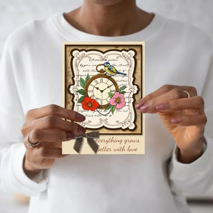 Vintage Clear Stamps for Card Making Flower and Bird Text Clear Stamps Retro Clock Clear Stamps for Scrapbooking Wish Words Rubber Transparent Seal Stamps for DIY Photo Album Crafting