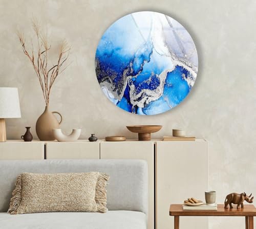 39,4''(100cm) Diameter Blue Marble Round with Silver Details Glass Wall Art Tempered Glass Printing Wall Decor Large Wall Art Wall Hangings