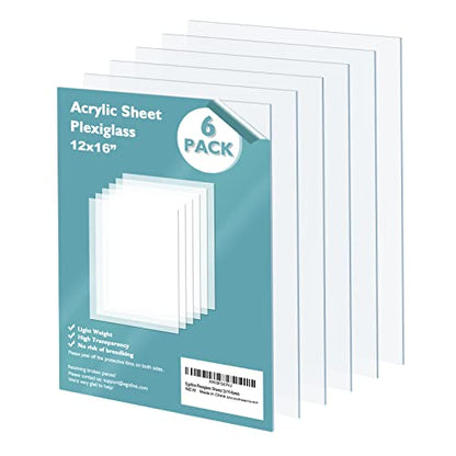 Plexiglass Sheets 6 Pack of 12x16’’ 0.04 Thick Clear Plastic Cast Transparent Plexi Glass Acrylic Sheets for Crafting Projects