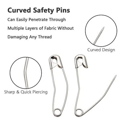 120 PCS 1-1/2" / 38mm Curved Safety Pins, Bent Quilting Pins Silver