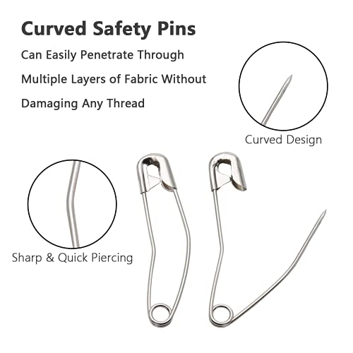 120 PCS 2-1/4" / 57mm Curved Safety Pins, Bent Quilting Pins Silver (120 Count)