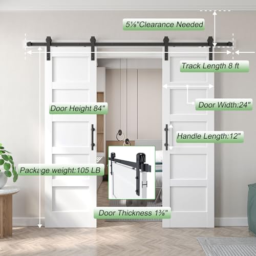 Double 24x84 inch White Barn Door with 8FT Barn Door Hardware Kit Included (2 Count)