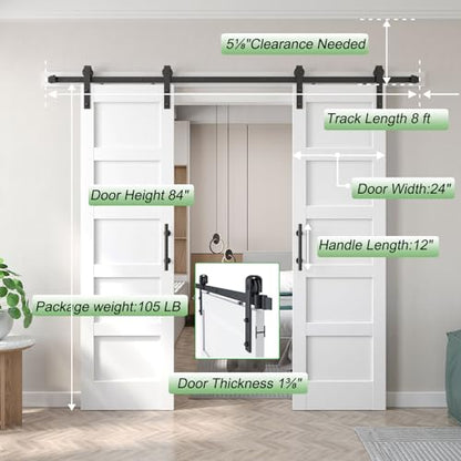 Double 24x84 inch White Barn Door with 8FT Barn Door Hardware Kit Included (2 Count)