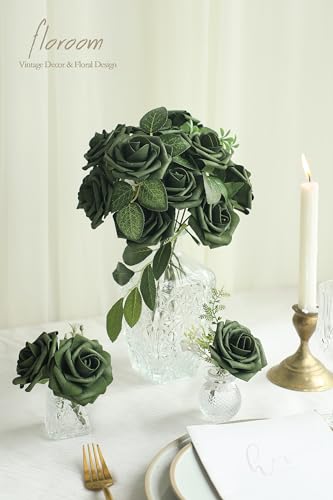 Artificial Flowers 50pcs Real Looking Emerald Green Foam Fake Roses with Stems for DIY Wedding Bouquets Bridal Shower Centerpieces Floral Arrangements Party Tables Home Decorations (50 Count)