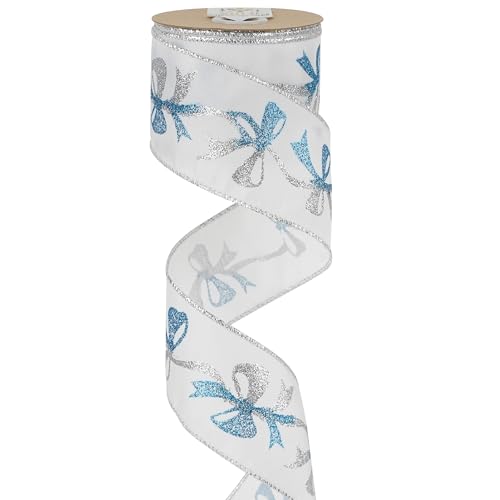 Blue and Silver Christmas Ribbon 2.5 Inch White Satin Ribbons with Turqupise and Silver Glittery Bows Pattern 10 Yards Christmas Wired Ribbon for Tree (30 Foot)