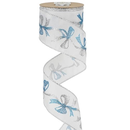 Blue and Silver Christmas Ribbon 2.5 Inch White Satin Ribbons with Turqupise and Silver Glittery Bows Pattern 10 Yards Christmas Wired Ribbon for Tree (30 Foot)