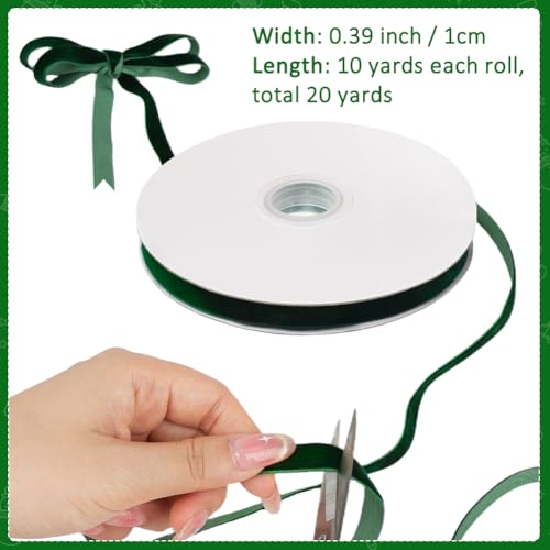 20yd 0.39" Dark Green Velvet Ribbon Single Faced for Crafts (2 Count)