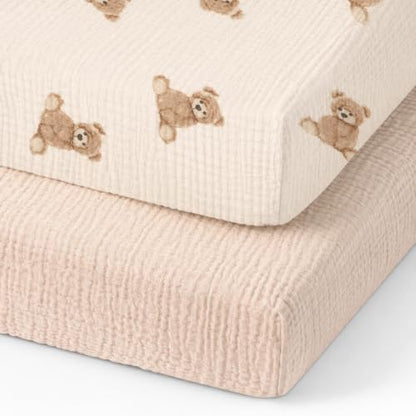 Organic Pack and Play Sheets Fitted 38”x26” 100% Muslin Cotton (2 Count)