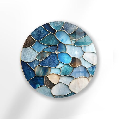 39,4''(100cm) Diameter Coastal Blue Stone Mosaic Round Glass Wall Art Tempered Glass Printing Wall Decor Large Wall Art Wall Hangings
