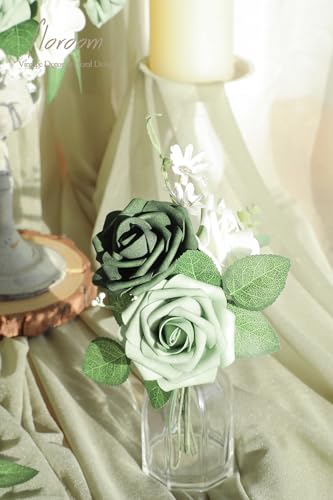 Artificial Flowers 25pcs Real Looking Sage Green & Emerald Green Foam Fake Roses with Stems for DIY Wedding Bouquets Bridal Shower Centerpieces Floral Arrangements Party Tables Decorations (25 Count)