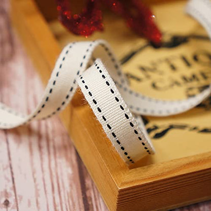 Ivory Cotton Black Stitched Ribbon 3 (30 Foot)