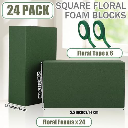 24 Pieces Floral Foam Blocks with 6 Rolls Floral Tape 5.5''L x 3.1''W x 1.8''H Green Square Flower Foams Flower Arrangements Supplies for Dry & Wet Flower Wedding Home Decor and DIY Crafts