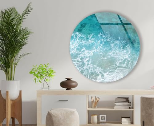 39,4''(100cm) Diameter Sea Waves Round Glass Wall Art Tempered Glass Printing Wall Decor Large Wall Art Wall Hangings