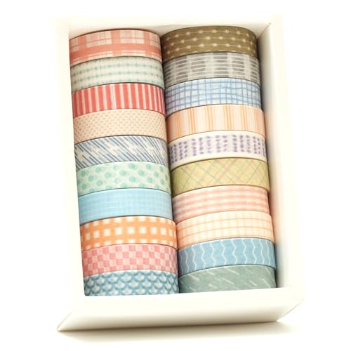 20 Rolls Basic Washi Tape Set Japanese Arts Adhesive Tapes Simple Patterns Decorative Masking Tape Sets for Craft (20 Count)