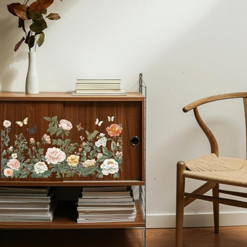 4 Sheets Light Vintage Florals Furniture Transfer 11.8x5.9inch Butterflies Peonies Rub on Transfer Wildflowers UV Self (4 Count)