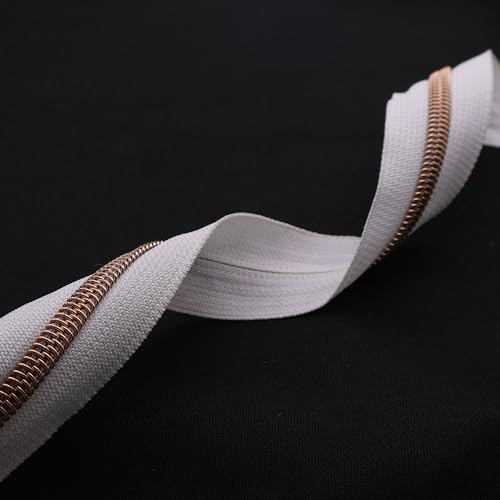 5 Rose Gold Metallic Teeth Nylon Coil Zippers by The Yard Bulk 10 Yards White Zipper Tape with 25pcs Rose Gold Ring Pull Sliders for DIY Sewing Tailor Craft Bag