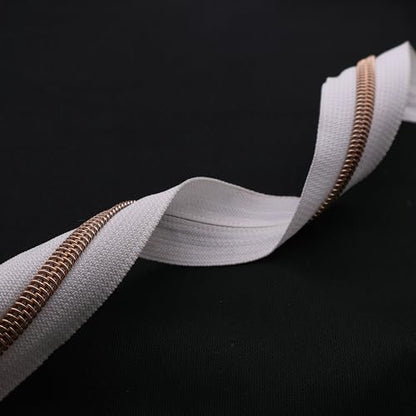 5 Rose Gold Metallic Teeth Nylon Coil Zippers by The Yard Bulk 10 Yards White Zipper Tape with 25pcs Rose Gold Ring Pull Sliders for DIY Sewing Tailor Craft Bag