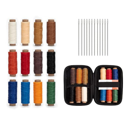 Leather Waxed Thread Round Polyester Sewing Threads Leather Craft Hand Stitching Line DIY Bracelet Thread Repair Work Cord with 12 Pcs Needles and Storage Bag (12 Count)