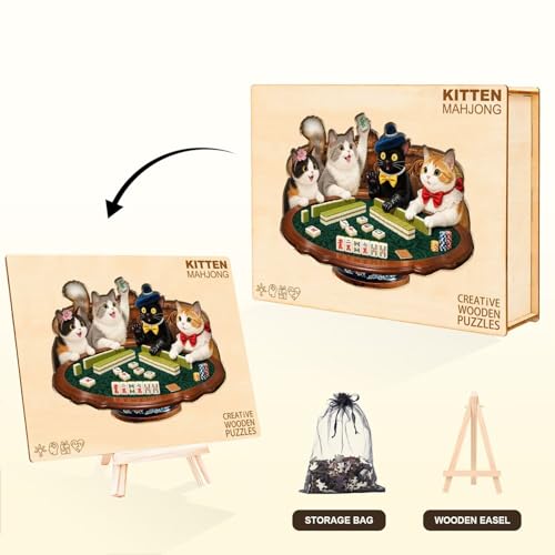 Cats Mahjong Puzzles Adults Gifts Wooden 75 Pieces (75 Count)