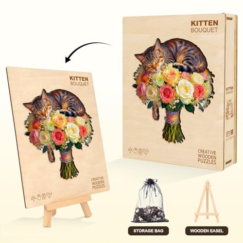 Cat Flower Bouquet Puzzles Adults Gifts Wooden 80 Pieces 8.5*7.6in (80 Count)