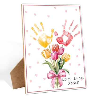 Pink Flower Handprint Keepsake Making Wooden Sign with Stand 9x12
