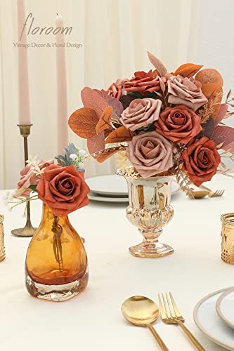 Artificial Flowers 25pcs Real Looking Burnt Orange & Warm Taupe Foam Fake Roses with Stems for DIY Wedding Bouquets Bridal Shower Centerpieces Floral Arrangements Party Tables Home Decorations (33 Count)