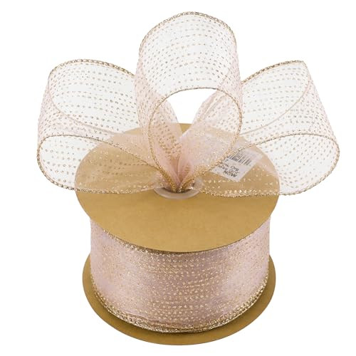 Rose Gold Sheer Glitter Wired Ribbon 2.5 Inch Horizontal Stripes Polka Dot Christmas Ribbon Organza Sheer Glitter Ribbons 25 Yards Rose Gold Ribbons for Christmas Tree (75 Foot)