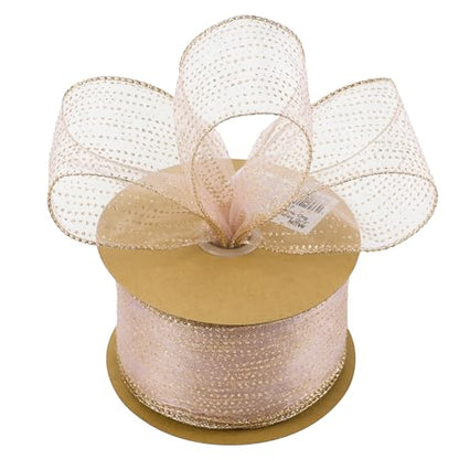 Rose Gold Sheer Glitter Wired Ribbon 2.5 Inch Horizontal Stripes Polka Dot Christmas Ribbon Organza Sheer Glitter Ribbons 25 Yards Rose Gold Ribbons for Christmas Tree (75 Foot)