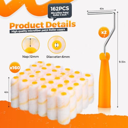 160 Pcs 4 Inch Paint Roller Covers with 2 Holder Microfiber Mini Small Paint Roller Kit for Painting Walls House Home