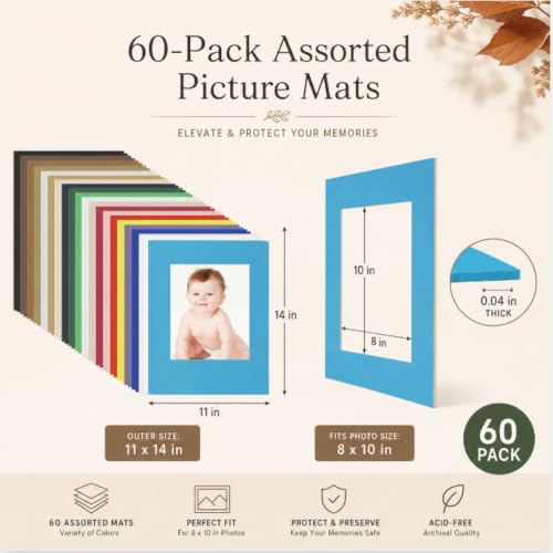 60 Pack Picture Mats 11 x 14 Inch Frame Mattes Matting with Acid Free Pre Cut Mattes White Core Bevel Cut Mats for 8 x 10 Pictures for Home Gallery Wall Hanging Art Decoration (60 Count)