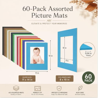 60 Pack Picture Mats 11 x 14 Inch Frame Mattes Matting with Acid Free Pre Cut Mattes White Core Bevel Cut Mats for 8 x 10 Pictures for Home Gallery Wall Hanging Art Decoration (60 Count)