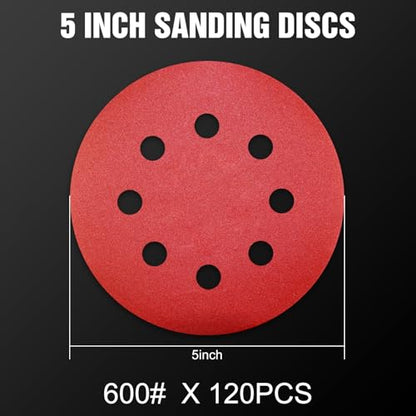 120 Pcs 5 inch Sanding Discs 600 Grit 8 Hole Hook and Loop Round Sandpaper for Random Orbital Sander (120 Count)