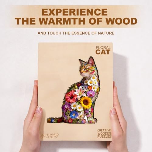 Floral cat Puzzles Adults Gifts Wooden 65 Pieces 8.5 * 6.9in (65 Count)