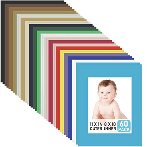 60 Pack Picture Mats 11 x 14 Inch Frame Mattes Matting with Acid Free Pre Cut Mattes White Core Bevel Cut Mats for 8 x 10 Pictures for Home Gallery Wall Hanging Art Decoration (60 Count)