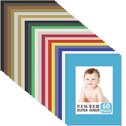 60 Pack Picture Mats 11 x 14 Inch Frame Mattes Matting with Acid Free Pre Cut Mattes White Core Bevel Cut Mats for 8 x 10 Pictures for Home Gallery Wall Hanging Art Decoration (60 Count)
