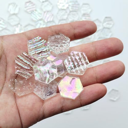 100 pcs Hexagon White Iridescence Stained Glass Pieces Mosaics Tiles for Crafts Bulk (100 Count)