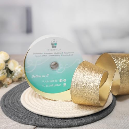 Glitter Wired Ribbon 2.5" x 20 Yards Light Gold for Christmas Home Decor Bow Gift Wrapping DIY Crafts Wreath (60 Foot)